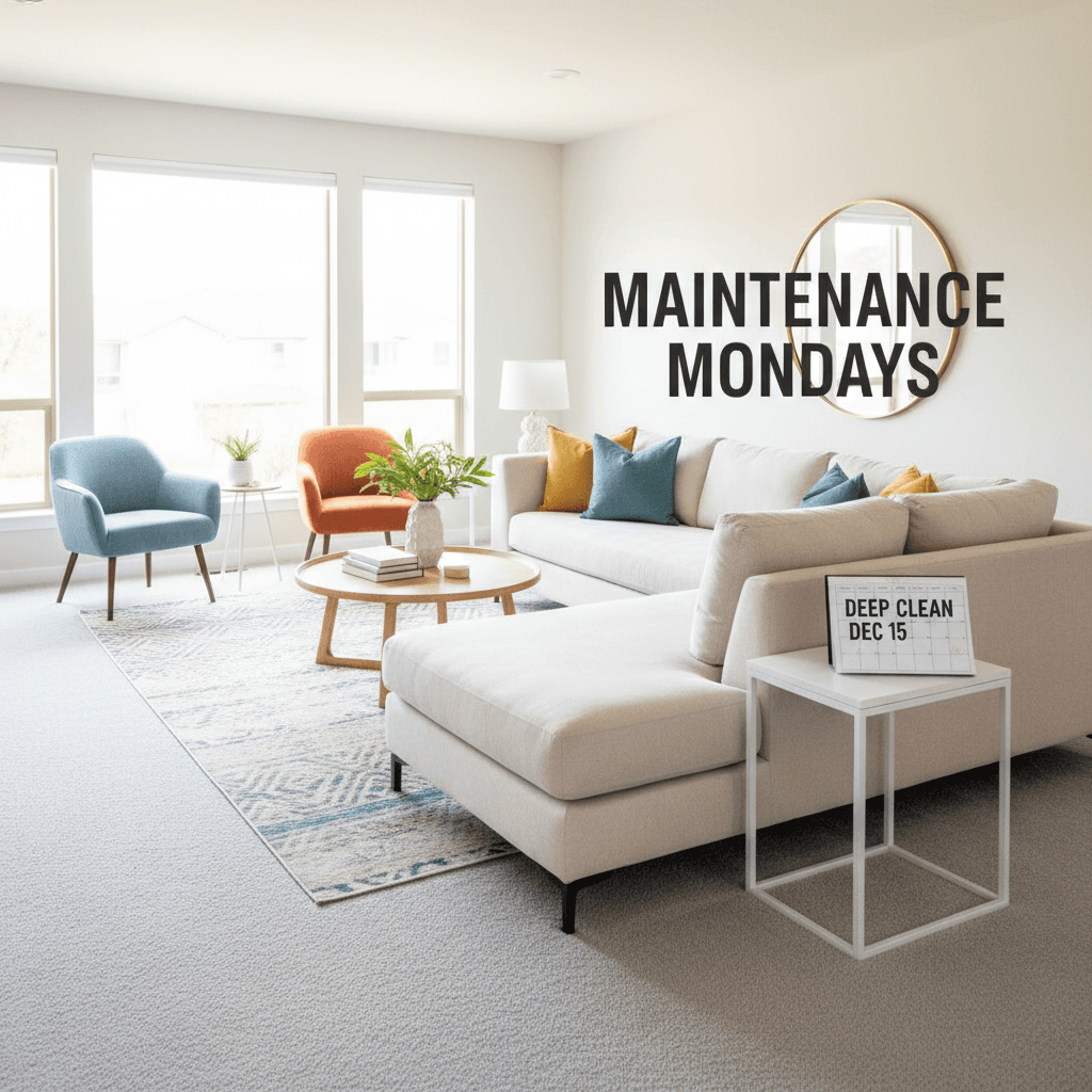 Well-maintained living room with fresh carpet