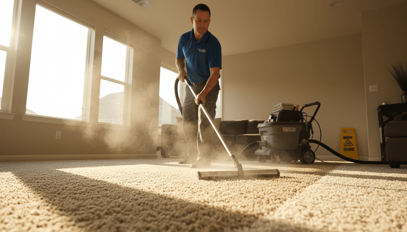AC Carpet Cleaning technician performing professional steam cleaning on residential carpet in Houston home